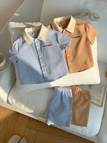 SHEIN 4件套男婴春夏休闲可爱条纹拼接短袖上衣和松紧腰短裤四件套，春夏男婴服装 - 彩色 - 查看 7