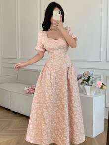 Celisse Champagne Jacquard Puff Sleeve Wrap Tie Waist Princess Dress, Elegant Vintage Palace Style Formal Dress - Dusty Pink - View 5
