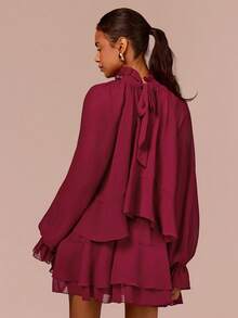 COSMINA 2pcs Women's Elegant Sheer Ruffle Hem Mini Dress Set, Suitable For Dates, Commuting, Parties, Wedding Guests, All Seasons - Burgundy - View 2