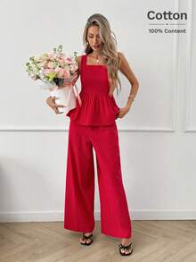 Easowa Bộ 2 món đồ nữ thường ngày, rộng rãi, thanh lịch, thích hợp đi làm hoặc đi nghỉ mát: Áo cổ vuông, tay bồng xếp ly và quần ống rộng cạp chun, màu đỏ, thích hợp mùa xuân/hè. - Đỏ - Xem 5