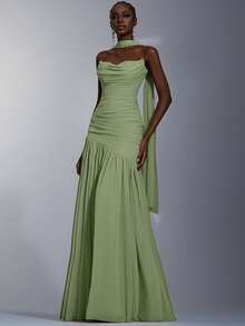 Elitara 优雅薄荷绿极简主义高弹网纱无肩带褶皱腰A字连衣裙，适合约会、单身派对、婚礼、正式场合 - 綠色 - 查看 6