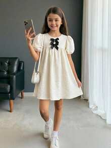 Firerie Kids Tween Girl Elegant Commuter Champagne Jacquard Cute Puff Sleeve Round Neck Black Bow Tie Babydoll A-Line Dress, Spring/Summer - Champagne - View 6