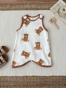 SHEIN 新生儿男/女宝宝可爱卡通熊印花无袖连体衣，夏季 - 棕色 - 查看 5