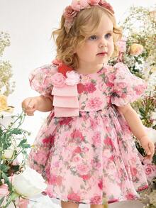 女宝宝优雅可爱碎花薄纱公主裙 - 粉色 - 查看 6