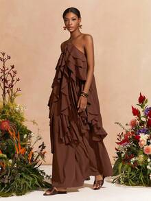 Zivah 2026春夏新款婚礼季、音乐节、复活节、西部风、游牧风、波西米亚风、纳什维尔风、派对、婚礼、晚宴、约会、聚会、生日、学院风、学生装、日常出行、百搭基础款、休闲、度假、邮轮旅行、海滩、日光浴、爆款、优雅、通勤、商务休闲无袖多层荷叶边宽松A字长裙，深棕色连衣裙，春夏连衣裙，派对连衣裙，性感连衣裙，优雅连衣裙，女士连衣裙 - 咖啡棕 - 查看 3