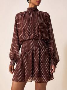 Zivah 2026 Spring/Summer New Music Festival, Easter, St. Patrick's Day, Valentine's Day, Date, Western, Nomadic, Birthday Party, Graduation, College, Student, Daily Wear, Basic Versatile, Casual, Vacation, Cruise Travel, Beach, Sunbathing, Viral , Streetwear, Wedding Guest Boho, Commute, Brunch, Airport, Party, Holiday Outing, Office Wear Brown Mini Dress With Stand Collar, Ruffle, Pleated, Mesh Polka Dot A-Line Long Sleeve - Brown - View 1