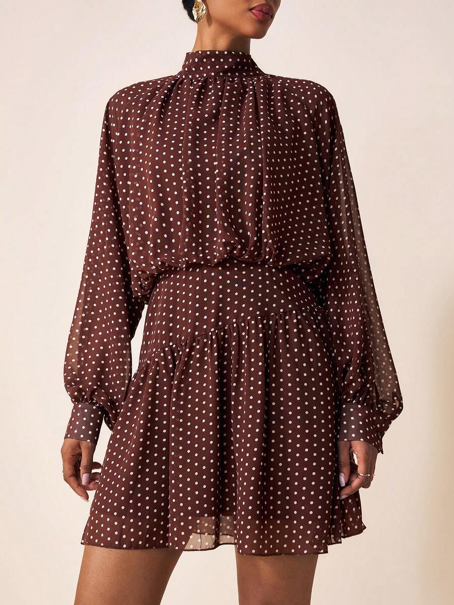 Zivah 2026 Spring/Summer New Music Festival, Easter, St. Patrick's Day, Valentine's Day, Date, Western, Nomadic, Birthday Party, Graduation, College, Student, Daily Wear, Basic Versatile, Casual, Vacation, Cruise Travel, Beach, Sunbathing, Viral , Streetwear, Wedding Guest Boho, Commute, Brunch, Airport, Party, Holiday Outing, Office Wear Brown Mini Dress With Stand Collar, Ruffle, Pleated, Mesh Polka Dot A-Line Long Sleeve - Brown - View 1