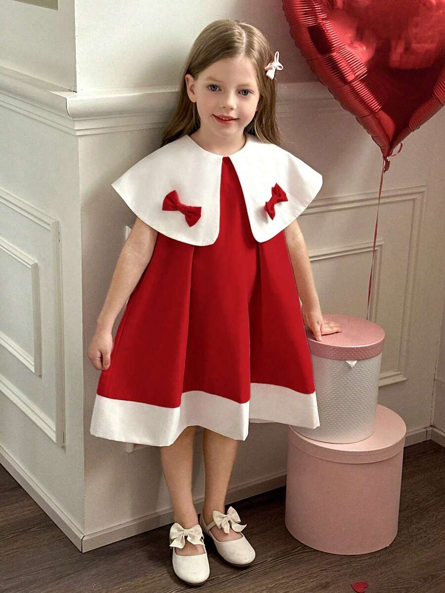 Elladie kids 女童白色领蝴蝶结设计宽松A字连衣裙 - 紅色 - 查看 1