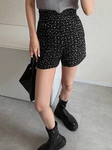 FRIFUL Quần short nữ cạp cao kẻ caro, kiểu dáng thanh lịch và thời trang, dáng rộng. - màu đen - Xem 5
