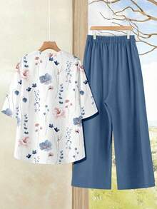 Rusticease Ditsy Floral Top + Solid Color Pants 2 Pieces Set, Casual Vacation Style, Suitable For Summer, Plus Size - Blue - View 3