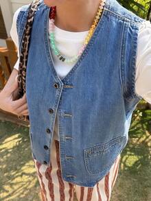 Livesso 女士纯棉蓝色无袖V领休闲牛仔衬衫，夏季 - 藍色 - 查看 5