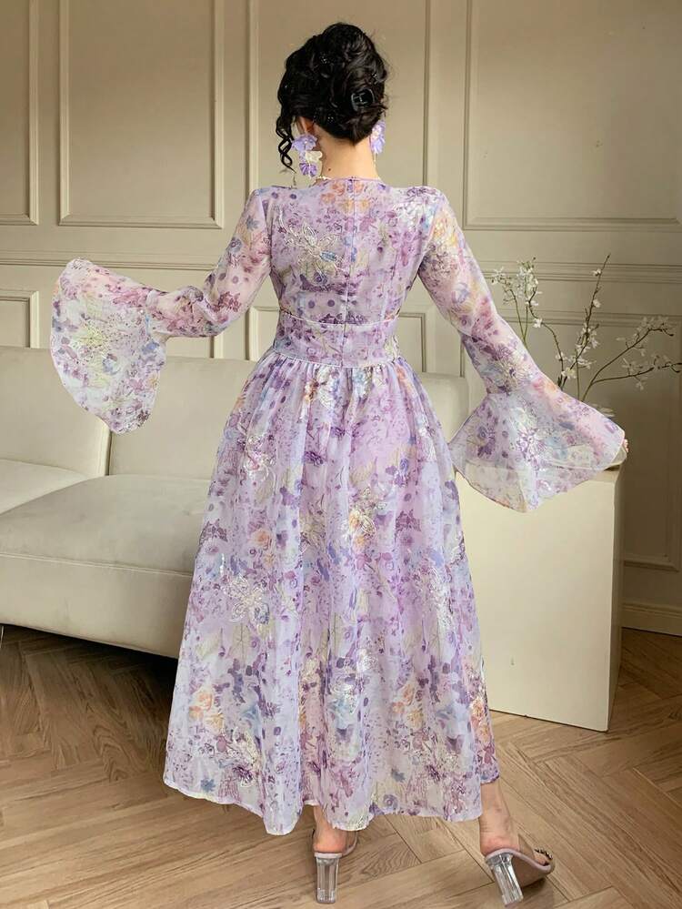 Flare Sleeve Vacation Allover Print Elegant Waist Midi Dress For Women Sundress