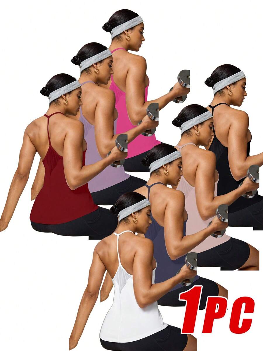 Easithlete Solid Color Mesh Patchwork Racerback Camisole, Summer Activewear - White - View 1