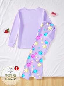 一套女童夜光独角兽印花紧身睡衣套装，紫色长袖上衣和裤子 - 紫色 - 查看 2