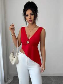 Selianne Women's Solid Color V-Neck Metal Decor Asymmetric Hem Camisole - Red - View 7