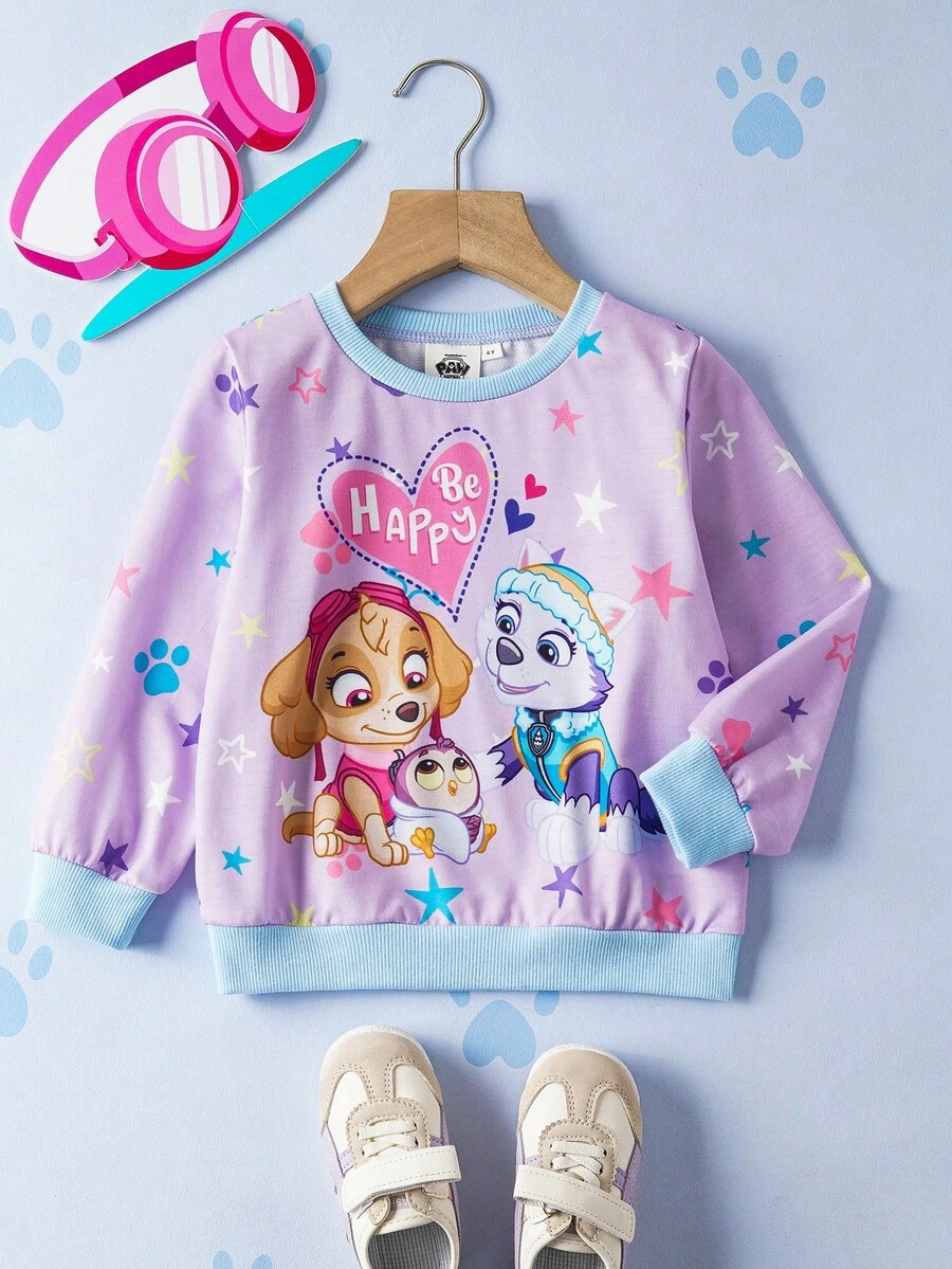 SHEIN | PAW Patrol Young Girl Cute Casual Cartoon Puppy Pattern Crew Neck Loose Knit Long Sleeve Sweatshirt - Mauve Purple - View 1