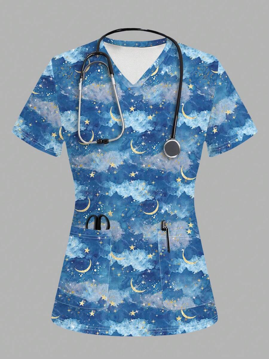 TaskEZ Women's Starry Blue Scrub Uniform Top - Multicolor - View 1