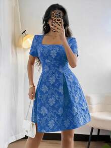 Rafferiza 女士优雅方领提花腰部褶裥短袖A字迷你连衣裙 - 寶藍色 - 查看 5