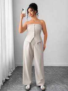 SHEIN PETITE CURVE Plus Size Women Casual Tube Top & Blazer 2 Pieces Set - Grey - View 7
