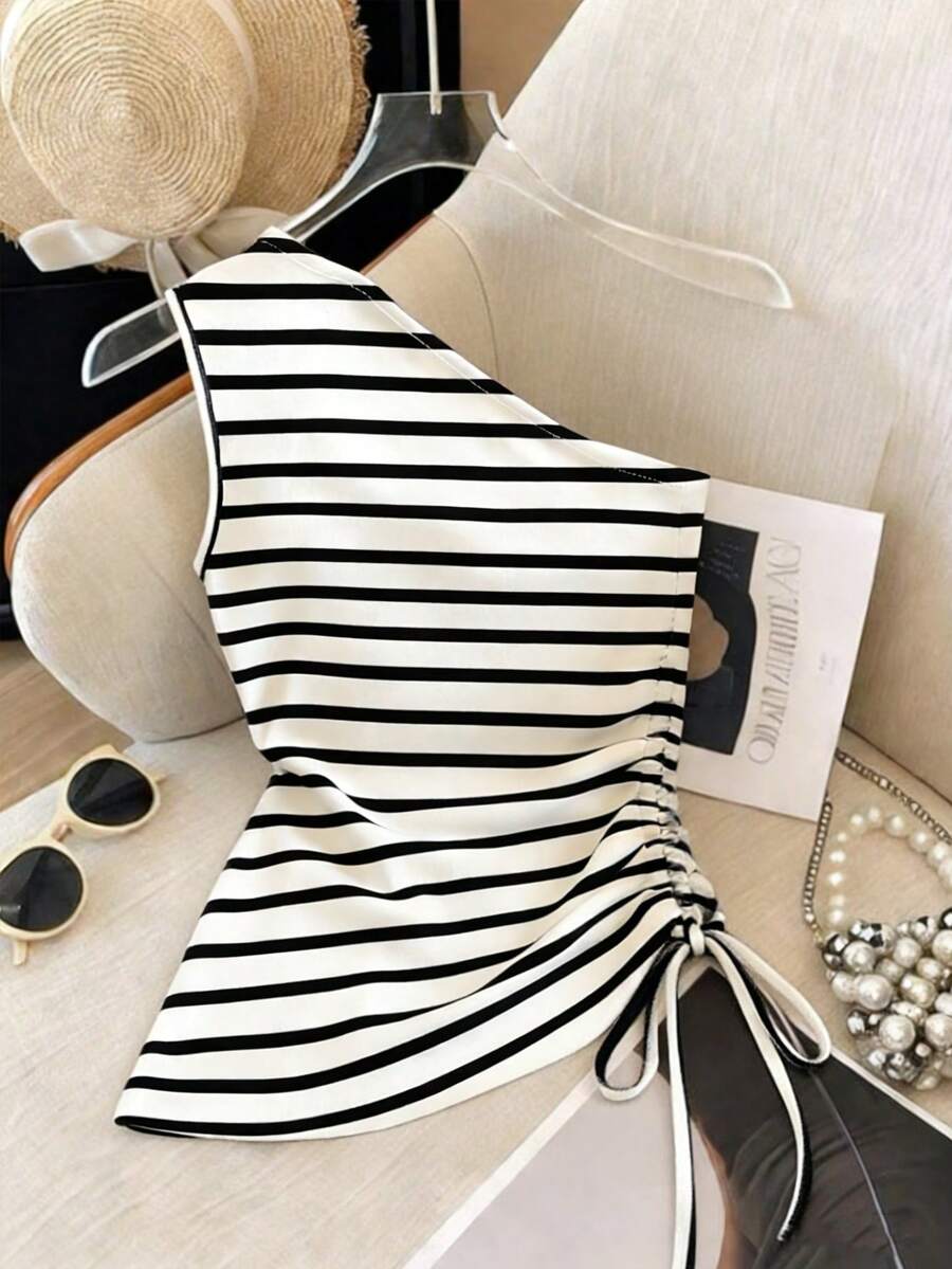 GlowEve 女士条纹无袖侧抽绳休闲上衣 - 黑與白 - 查看 1