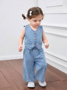 SHEIN Little Byeori HEIN 女童牛仔背带上衣和松紧腰裤两件套，儿童休闲度假波西米亚风家居服，毕业/派对/度假套装，秋季儿童休闲舒适装 - 淺色水洗藍 - 查看 5