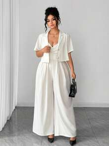 Elenzga 女士加大码翻领短袖珍珠纽扣短款外套搭配褶皱腰部连体裤，优雅两件套 - 杏色 - 查看 4