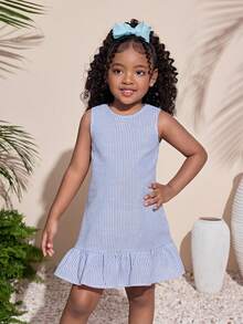 女童蓝色条纹美人鱼尾A字连衣裙，休闲时尚，百搭，适合派对、郊游、姐妹合照、公园、露营、度假、日常休闲等场合。 - 藍色 - 查看 4