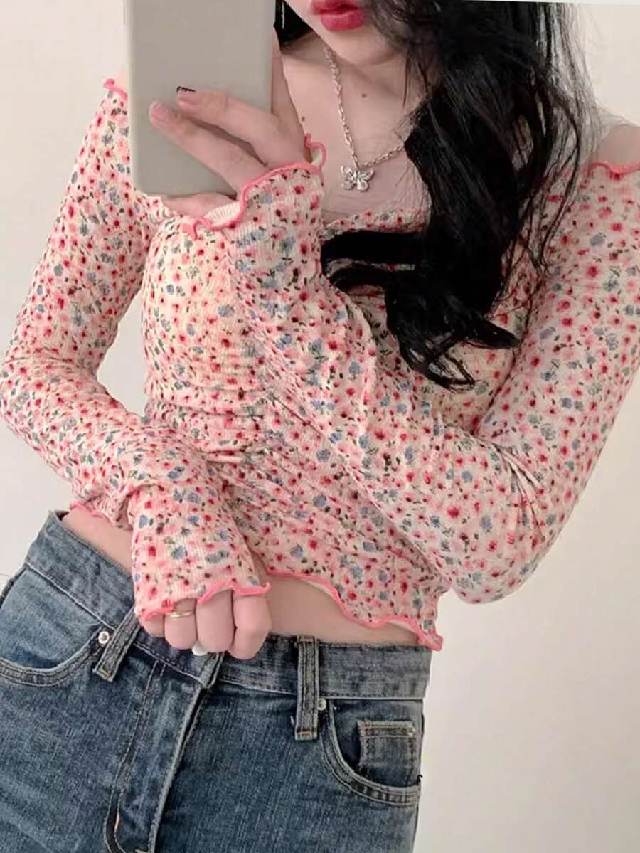 DAZY 女士休闲碎花T恤，粉色，春夏款 - 粉色 - 查看 1