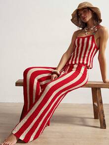 Bohemela Women's Belted Striped Casual Wide Leg Knit Pants - Red - View 1