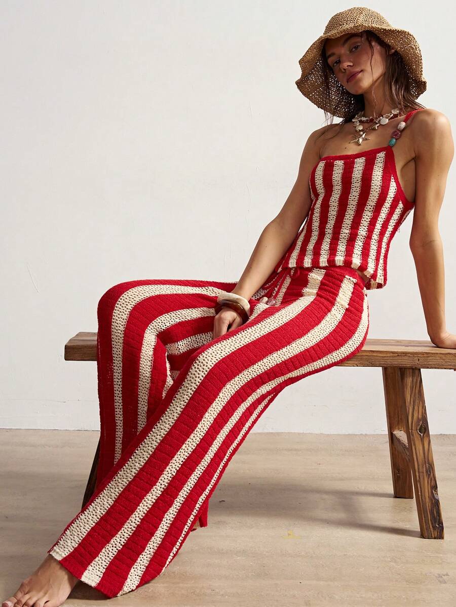 Bohemela Women's Belted Striped Casual Wide Leg Knit Pants - Red - View 1