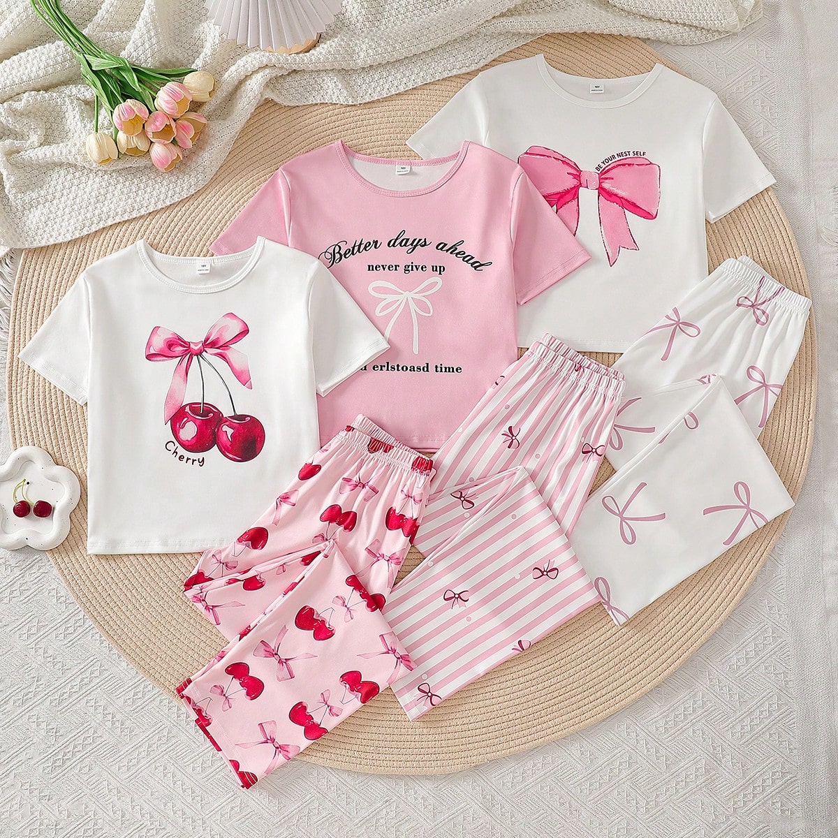 Conjunto de 6 piezas de pijama con estampado de mariposas, cerezas y corazones para niñas, ropa de estar en casa casual