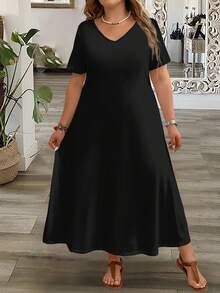 Rusticease 大码女式休闲简约V领短袖纯黑色长款连衣裙，适合夏季度假 - 黑色 - 查看 7