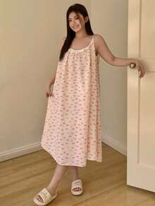 Dazy Plus Plus Size Women's Summer Butterfly Print Contrast Schiffy Ruffle Loose Camisole Nightgown Pajamas - Pink - View 6
