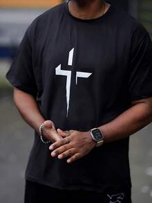 Heavens Edit Men's Round Neck Short Sleeve Minimalist Cross Print T-Shirt, Casual Daily Wear - Black - View 3