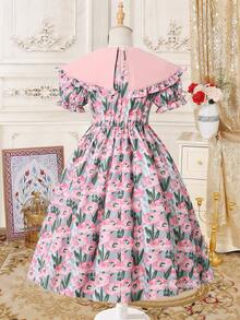 SHEIN 亲肤柔软如云，女童粉色碎花连衣裙，温柔风格女童泡泡袖娃娃领印花连衣裙，打造小公主风！日常街道如此美丽！ - 彩色 - 查看 2