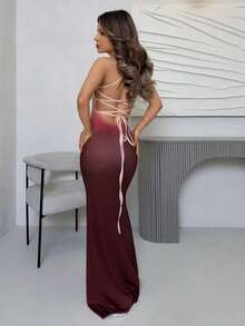 Jemour Women's Elegant Ombre Allover Print Backless Tie Neck Dress, Suitable For Vacation, Party, Evening, Date, Chic Fall, Burgundy Dress, Fall Dresses For Women - Burgundy - View 2