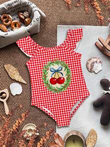 SHEIN 法式复古甜美可爱樱桃蝴蝶结，法式复古红色格子图案，红色系列，泳池写真，女童休闲简约修身吊带泳衣，适合夏季，热带印花，海滩度假亲子写真，母女装，第一次海滩之旅，暑假，美美泳衣，适合拍照发 - 彩色 - 查看 2