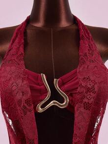 Zestiva 3件套夏季沙滩度假蕾丝上衣+蕾丝三角裤+蕾丝罩衫 - 酒紅色 - 查看 6