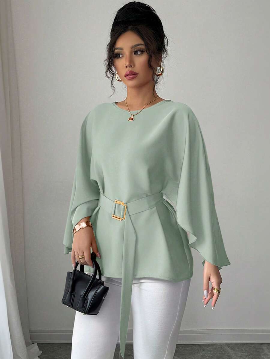 Selianne Blusa roja brillante con cuello redondo francés, mangas de murciélago y cintura con lazo para mujer, para primavera/verano - verde menta - Ver 1