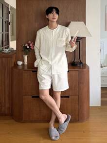 DAZY Conjunto de pijama de camisa blanca sólida y pantalones cortos para hombre, primavera/verano - Blanco - Ver 1