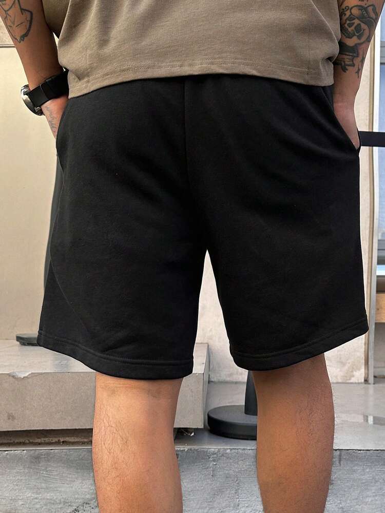 Men's Black Letter Embroidery Contrast Color Drawstring Elastic Waist Shorts, Summer