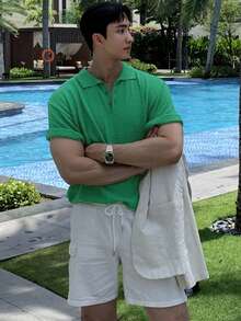 DAZY 男士纯绿色 Polo 领短袖针织衫，夏季 - 綠色 - 查看 6