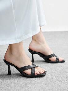 CUCCOO BIZCHIC 黑色交叉绑带方头坡跟凉拖鞋，简约优雅百搭通勤鞋 - 黑色 - 查看 1