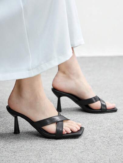 CUCCOO BIZCHIC 黑色交叉绑带方头坡跟凉拖鞋，简约优雅百搭通勤鞋