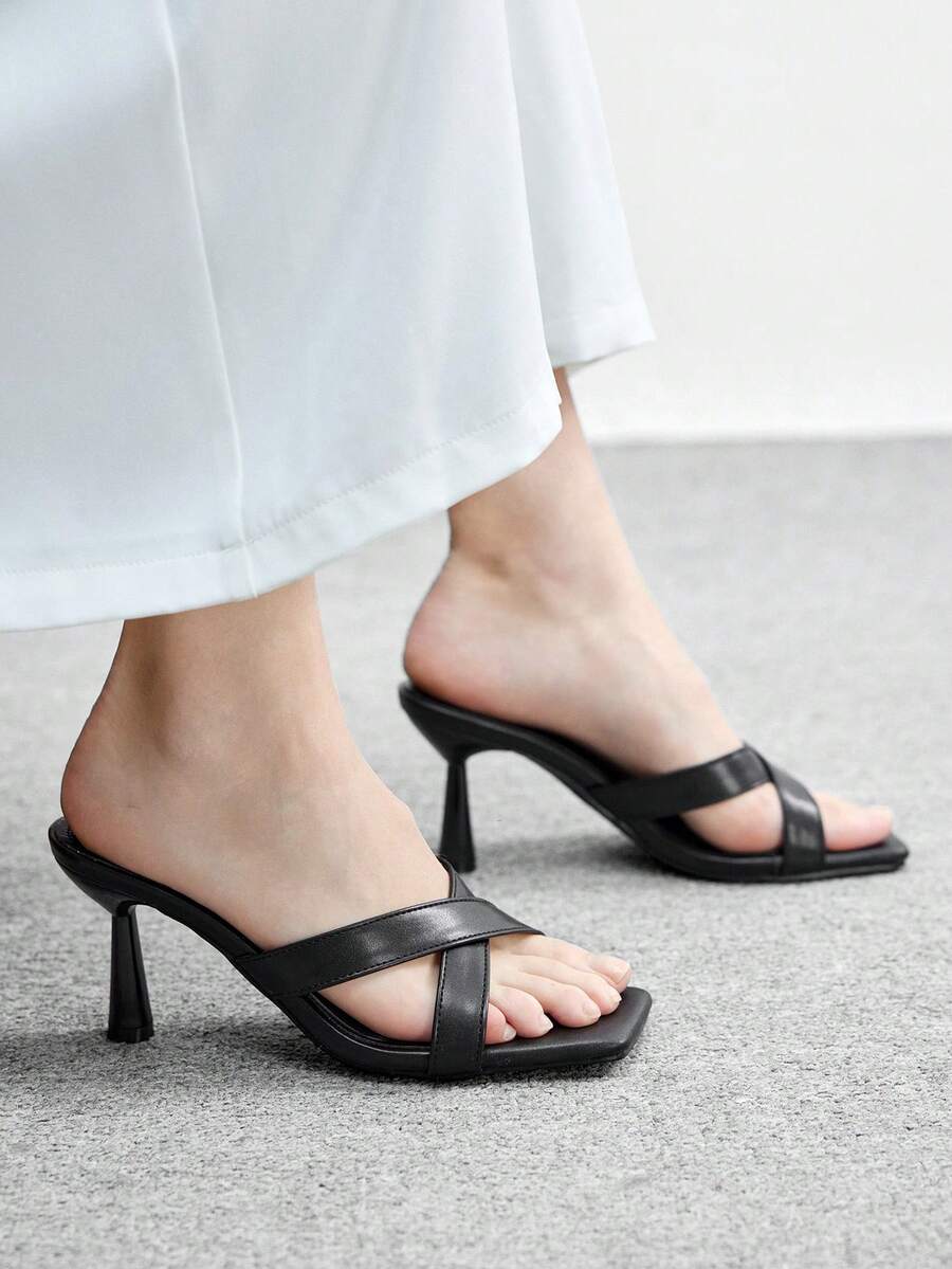 CUCCOO BIZCHIC 黑色交叉绑带方头坡跟凉拖鞋，简约优雅百搭通勤鞋 - 黑色 - 查看 1