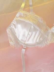 DelicateAllure 2pcs Women Lace Eyelash Patchwork Satin Ribbon Heart Contrast Color Set Wedding Lingerie For Bride White Lace Lingerie Lingerie For Women Adult - White - View 9