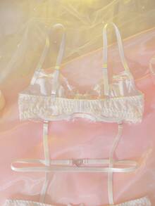 DelicateAllure 2pcs Women Lace Eyelash Patchwork Satin Ribbon Heart Contrast Color Set Wedding Lingerie For Bride White Lace Lingerie Lingerie For Women Adult - White - View 10