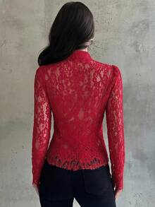 Firerie 女士蕾丝黑色纽扣腰长袖衬衫，复古宫廷风上衣，新款中国风衬衫，白色蕾丝长袖衬衫，半透明蕾丝上衣，春夏秋季穿着，优雅百搭，适合通勤、约会、派对、婚礼、毕业典礼、演出、音乐会、工作、返校、年会、女士生日等场合。 - 紅色 - 查看 2