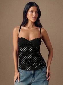 SHEIN BAE Women's Polka Dot Print Lace Patchwork Camisole - Black - View 3