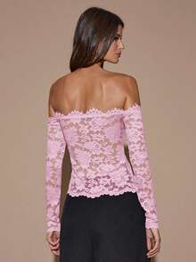 SHEIN BAE 女士蕾丝性感透视镂空露肩长袖上衣，酒红色，适合圣诞节、万圣节、亡灵节、秋冬季叠穿 - 淺粉色 - 查看 2